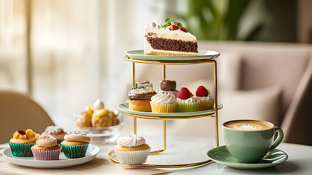 下午茶甜点拼盘与咖啡精致餐桌美食摄影