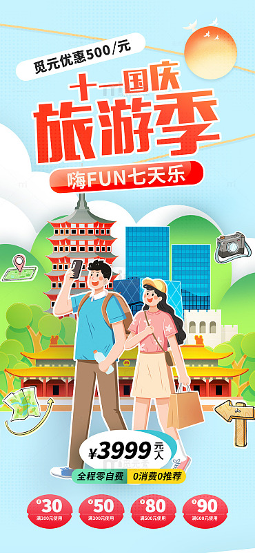 蓝色手绘卡通国庆旅游季手机海报