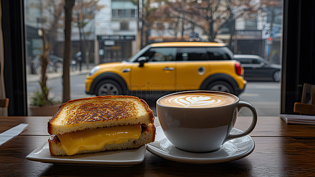 咖啡店桌上三明治与咖啡街景摆拍图
