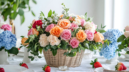 编织篮玫瑰花与蓝色绣球花桌面装饰图