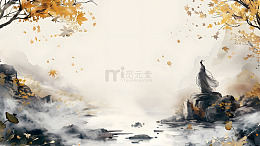 秋季水墨风景人物落叶宁静插画
