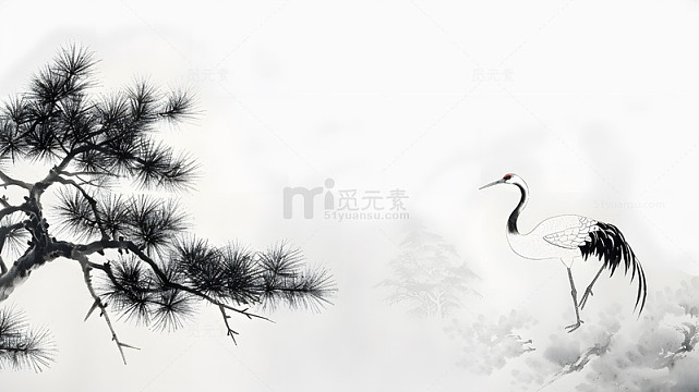 水墨画仙鹤松树传统中国风景