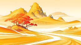 金色秋季山峦与小路风景插画
