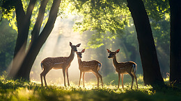 阳光树林中的三只小鹿自然风光壁纸
