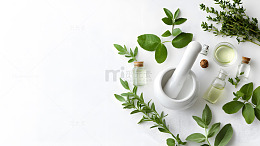 绿色草药与研钵白色背景健康养生产品图