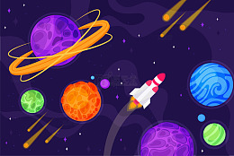 卡通星球环绕下的火箭之旅