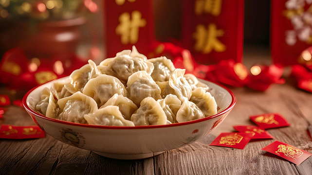 春节饺子与节日装饰传统美食静物图