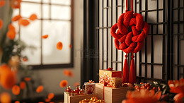 春节礼盒与红色中国结中式装饰静物图