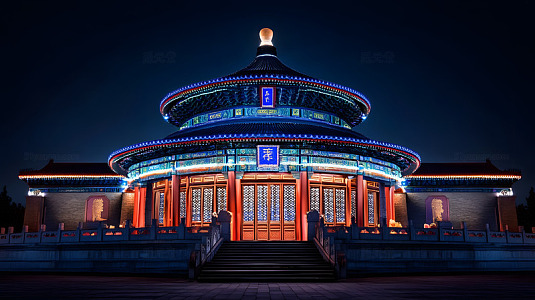 夜晚灯光下的天坛建筑夜景摄影