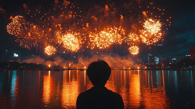 夜晚观赏烟花国庆庆典城市湖面倒影人影剪影