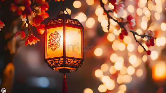 传统中国灯笼与梅花枝节日装饰
