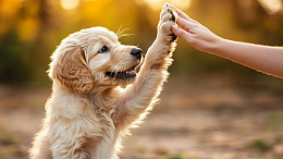 金毛幼犬与人击掌互动宠物摄影图