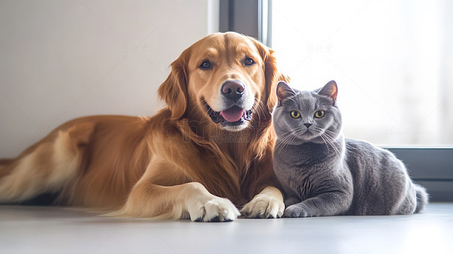 金毛犬与灰色猫咪在室内宠物摄影图