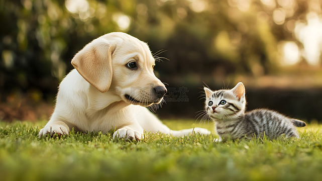 小狗与小猫在户外草地上宠物摄影图