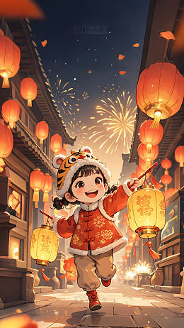 春节戴虎头帽的可爱小女孩插画背景