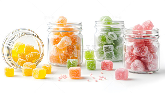 玻璃罐中彩色方块软糖静物摄影图