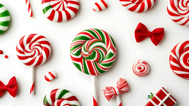 圣诞糖果棒棒糖与蝴蝶结装饰静物摄影图