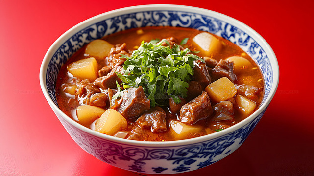 红色背景上的中式炖牛肉土豆美食摄影图