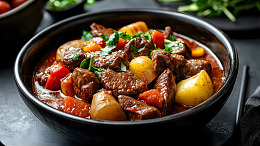 黑色碗中的炖牛肉土豆胡萝卜美食摄影图