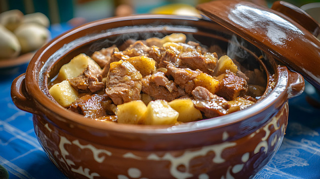 陶瓷锅中的家常炖牛肉土豆美食摄影图