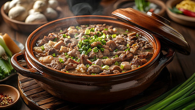 陶瓷锅中热气腾腾的炖牛肉土豆美食摄影图