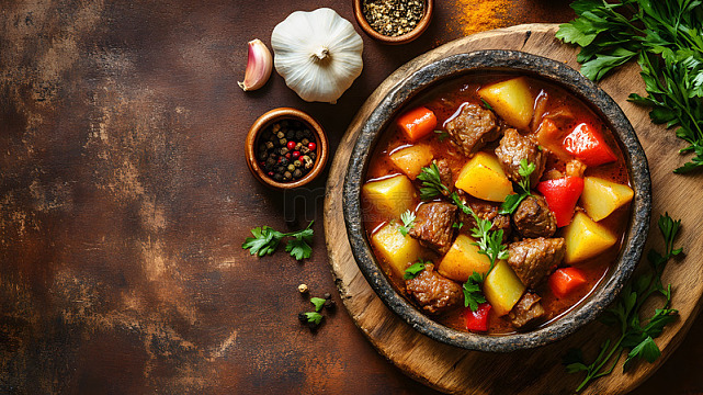 石锅中炖牛肉土豆胡萝卜的美食摄影图