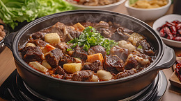 砂锅炖牛肉土豆美食摄影图