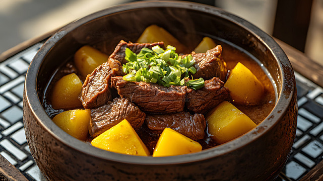 木制碗中的炖牛肉土豆美食摄影图