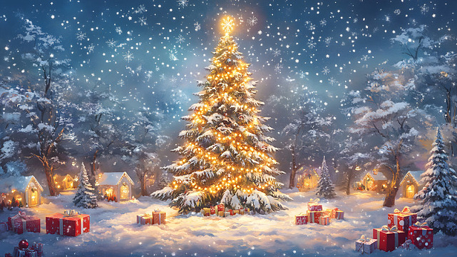 雪中闪耀的圣诞树与礼物盒冬季节庆场景