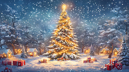 雪中闪耀的圣诞树与礼物盒冬季节庆场景