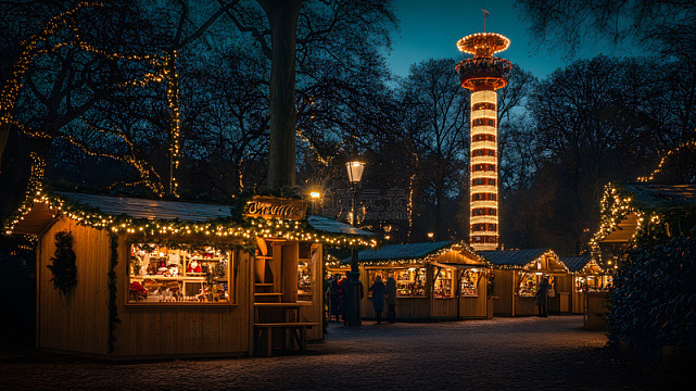夜晚的圣诞集市与装饰灯光节日场景