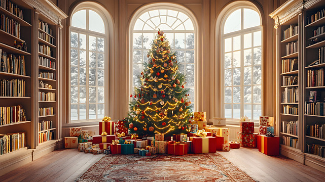 图书馆窗前的圣诞树与礼物盒节日场景