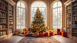 图书馆窗前的圣诞树与礼物盒节日场景
