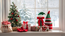 窗台上的圣诞树与礼物装饰冬季节日场景