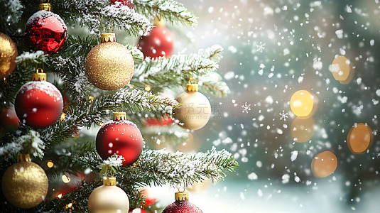 雪花飘落的圣诞树装饰细节图