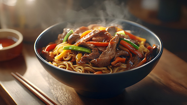 热气腾腾牛肉炒面碗装中式美食
