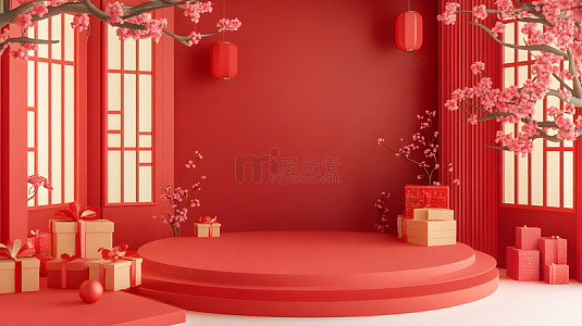 中国风红色春节礼盒装饰场景