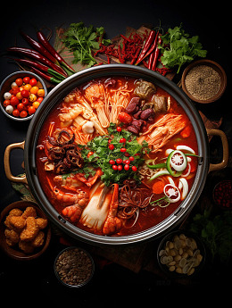 俯拍红油火锅美食