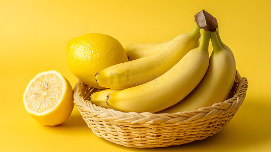 香蕉柠檬健康水果篮黄色背景特写
