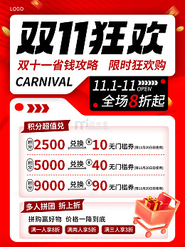 红色时尚双十一购物省钱攻略促销电脑版海报