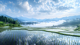 梯田与云雾环绕的山峦自然风景图片