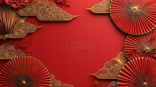 红色背景与金色折扇节庆装饰设计背景图片