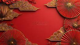 红色背景与金色折扇节庆装饰设计背景图片