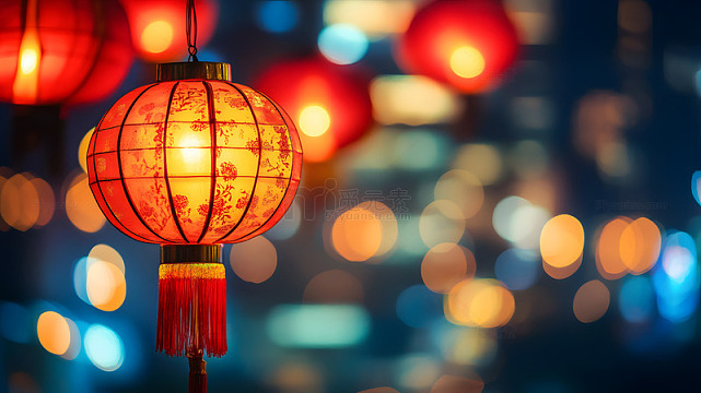 夜晚灯光下的红色灯笼节庆装饰图片