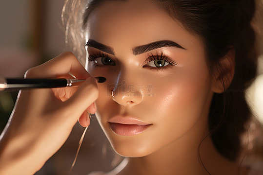 拿着化妆刷上妆的女士