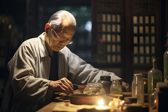 整理药材的老中医
