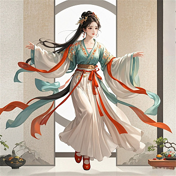 古风国潮飘逸蓝纱裙跳舞美女图