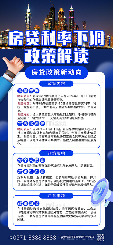 蓝色简约房贷降息房地产手机海报