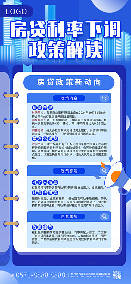 蓝色手绘卡通房贷利率下调政策手机海报