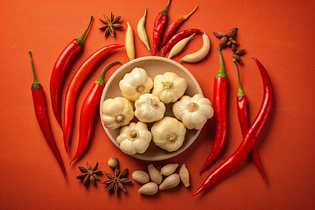 一盘大蒜和红辣椒